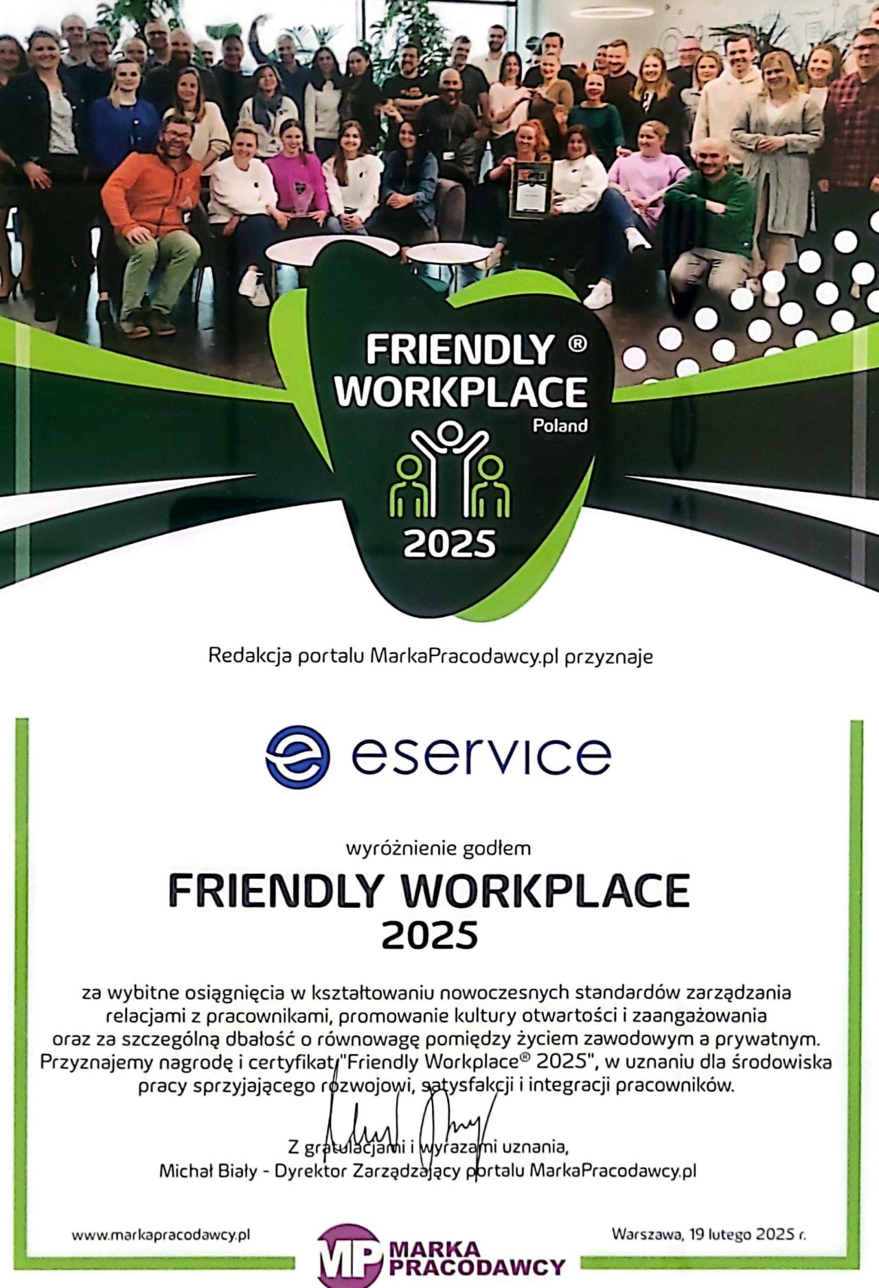 Dyplom nagrody Friendly Workplace 2024