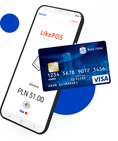 Telefon z włączoną aplikacją LikePOS do którego zbliżona jest karta płatnicza w celu dokonania transakcji