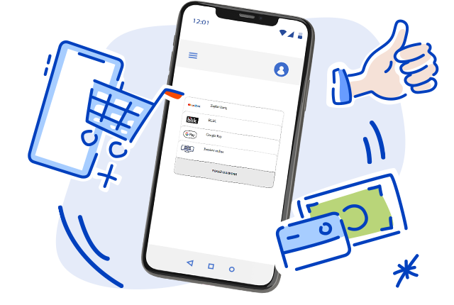Rysunek smartfonu z różnymi możliwościami płatności mobilnych 