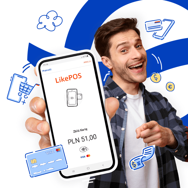 Uśmiechęty mężczyzna trzymający w dłoni smartfona z włączoną aplikacją LikePOS, zmieniającą telefon w mobilny terminal płatniczy Uśmiechęty mężczyzna trzymający w dłoni smartfona z włączoną aplikacją LikePOS, zmieniającą telefon w mobilny terminal płatniczy