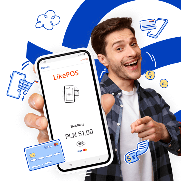 Uśmiechęty mężczyzna trzymający w dłoni smartfona z włączoną aplikacją LikePOS, zmieniającą telefon w mobilny terminal płatniczy