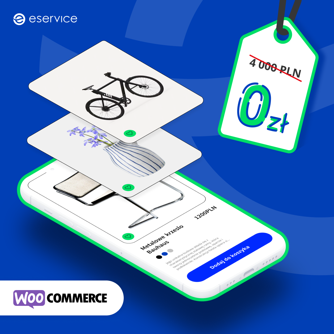 Smartfon z wyświetlonym sklepem online na platformie WooCommerce oraz zawieszka informująca o tym, że od eService sklep możesz otrzymać za 0zł (przekreślona cena 4000 PLN) Smartfon z wyświetlonym sklepem online na platformie WooCommerce oraz zawieszka informująca o tym, że od eService sklep możesz otrzymać za 0zł (przekreślona cena 4000 PLN)