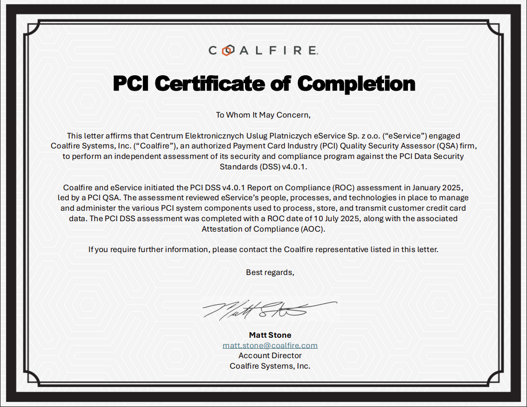 Certyficate -PCI of complation_GP_eService_Letter
