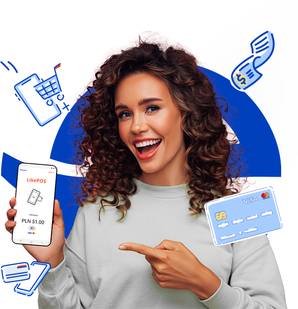 Uśmiechnięta kobieta trzymająca w dłoni smartfona na którym jest włączona aplikacja zmieniająca smartfon w terminal płatniczy - LikePOS