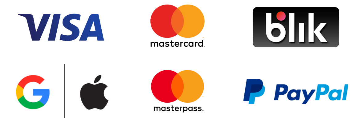 loga Visa, Google, Apple, Mastercard, Masterpass, PayPal i Blik loga Visa, Google, Apple, Mastercard, Masterpass, PayPal i Blik
